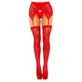 Leg Avenue čipkované podväzkové pančuchy a čipkovaný podväzkový pás červená