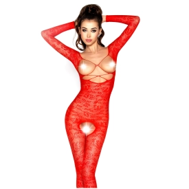 Červené kvetované bodystocking s otvorenými prsiami BS031