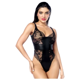 Sexy čipkované body s koženkovým detailom